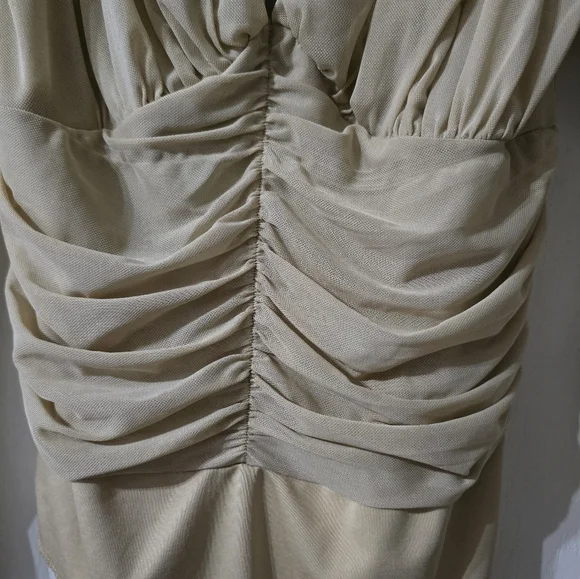 Guess Neutral Beige Mesh Bodysuit, Ruched Back, Sheer Sleeves, Deep V-Neck, EUC! - Picture 9 of 15